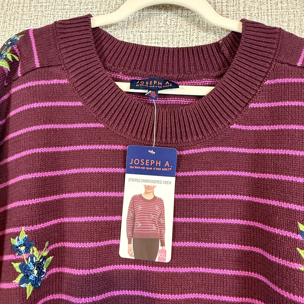 NWT‎ Cottagecore Women XXL Striped Embroidered Crewneck Sweater Burgundy Floral